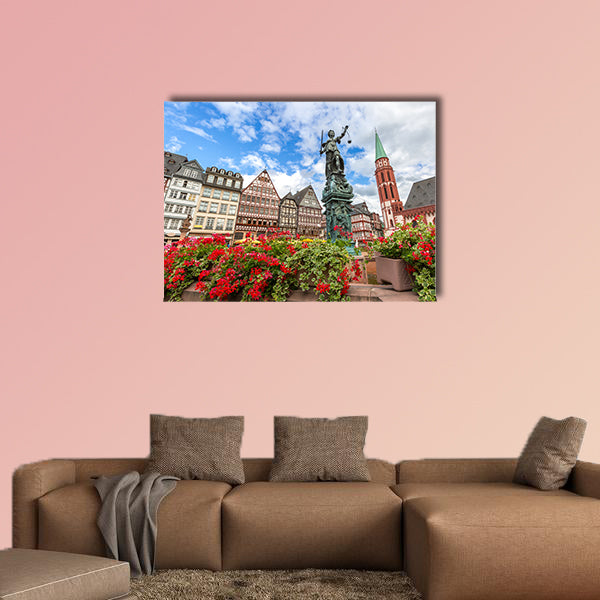 Frankfurt old town with the Justitia statue, Germany multi panel canvas wall art
