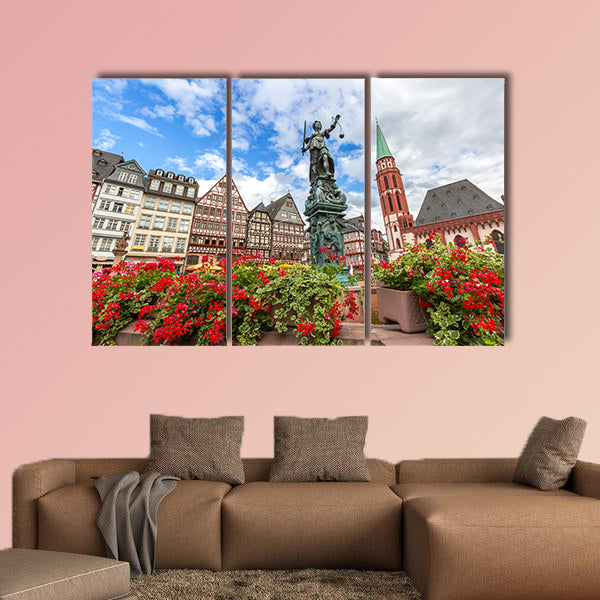 Frankfurt old town with the Justitia statue, Germany multi panel canvas wall art