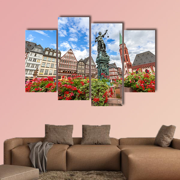 Frankfurt old town with the Justitia statue, Germany multi panel canvas wall art