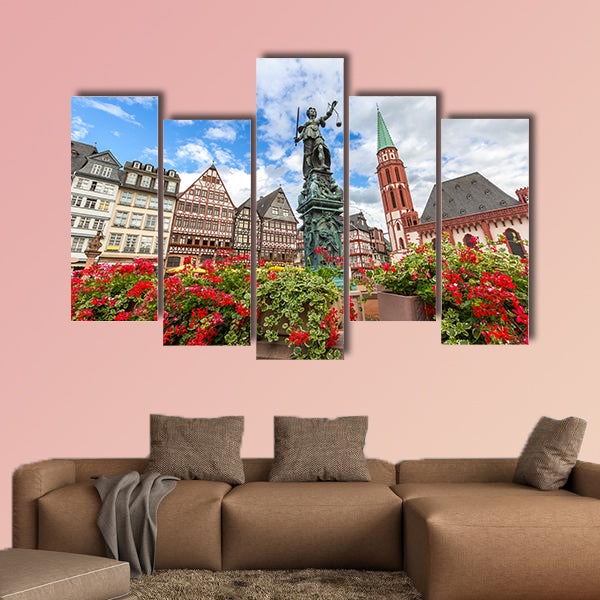 Frankfurt old town with the Justitia statue, Germany multi panel canvas wall art