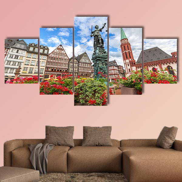 Frankfurt old town with the Justitia statue, Germany multi panel canvas wall art
