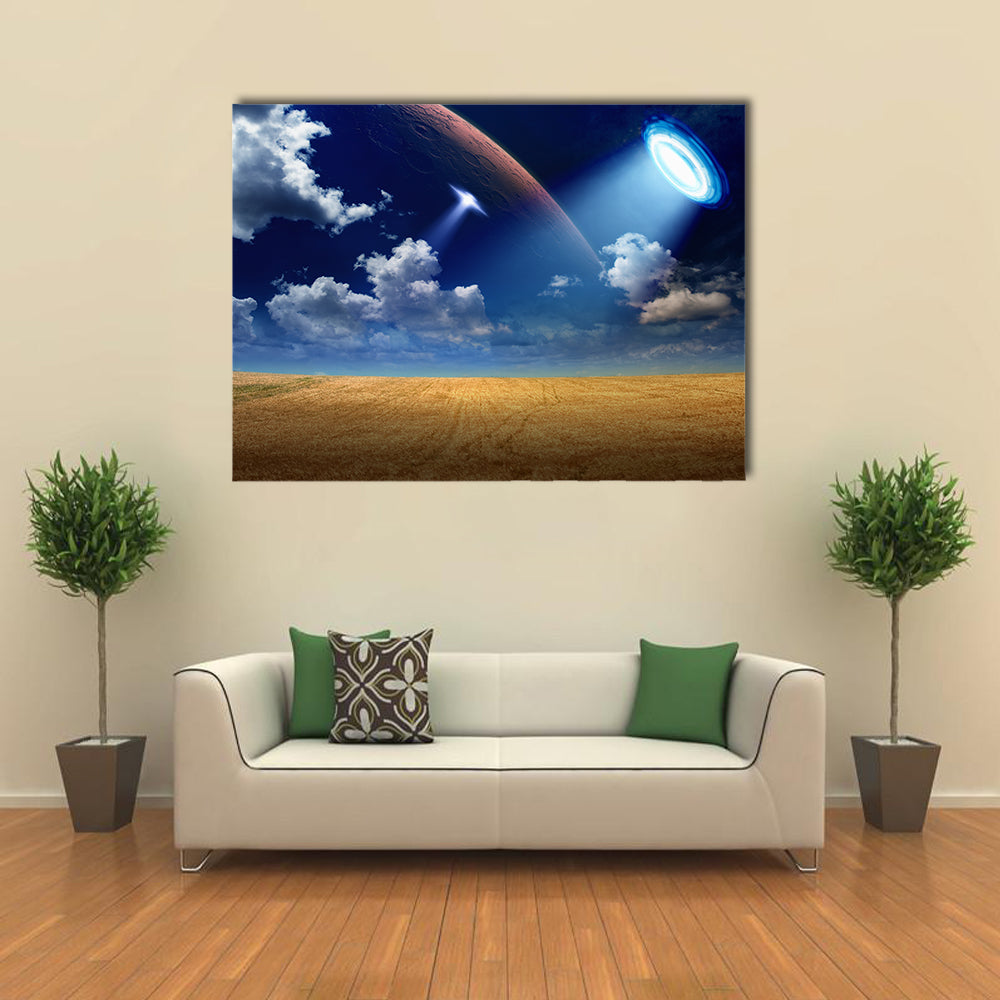 Sci-fi Background UFO is Invading A Beautiful Wheat Field Multi Panel Canvas Wall Art