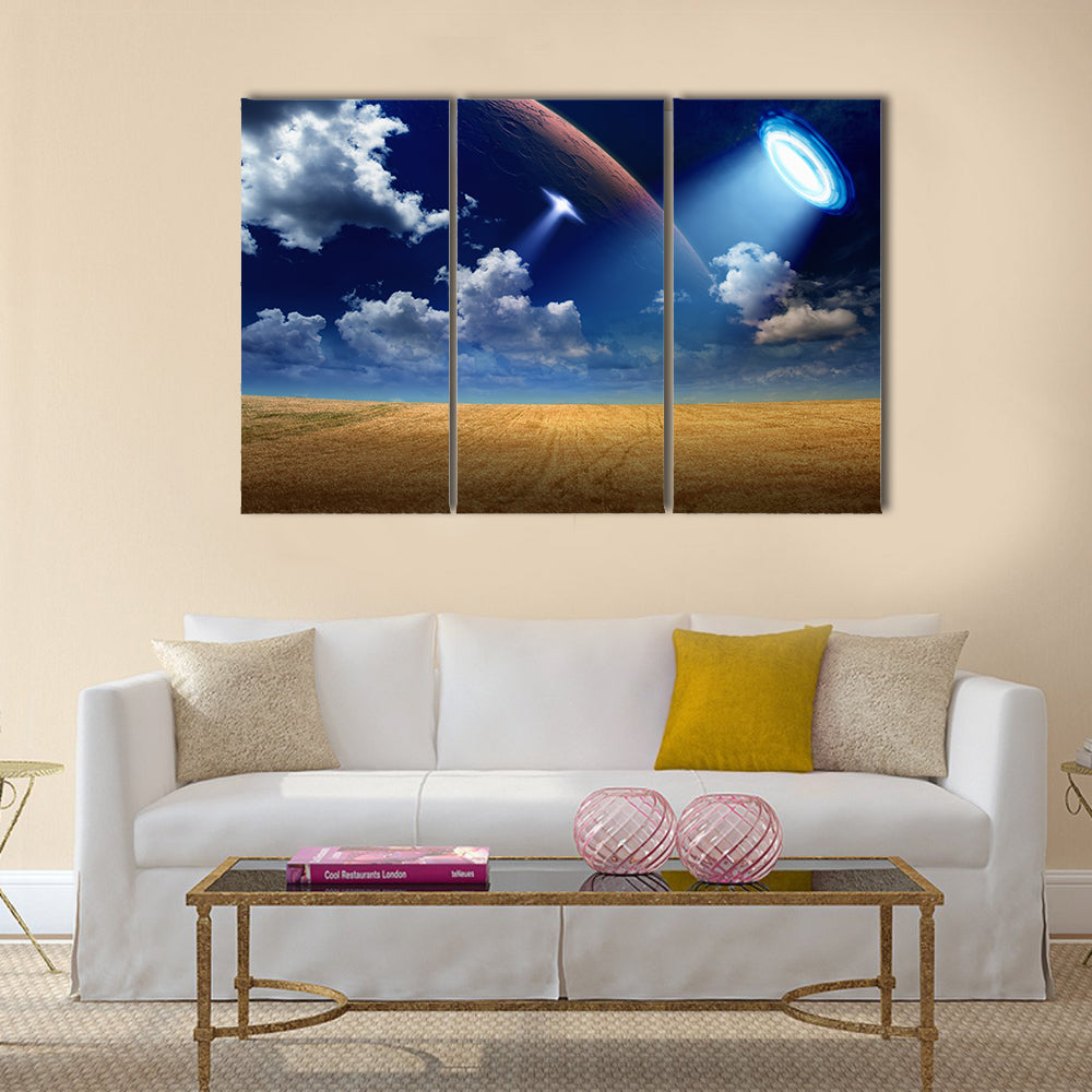 Sci-fi Background UFO is Invading A Beautiful Wheat Field Multi Panel Canvas Wall Art