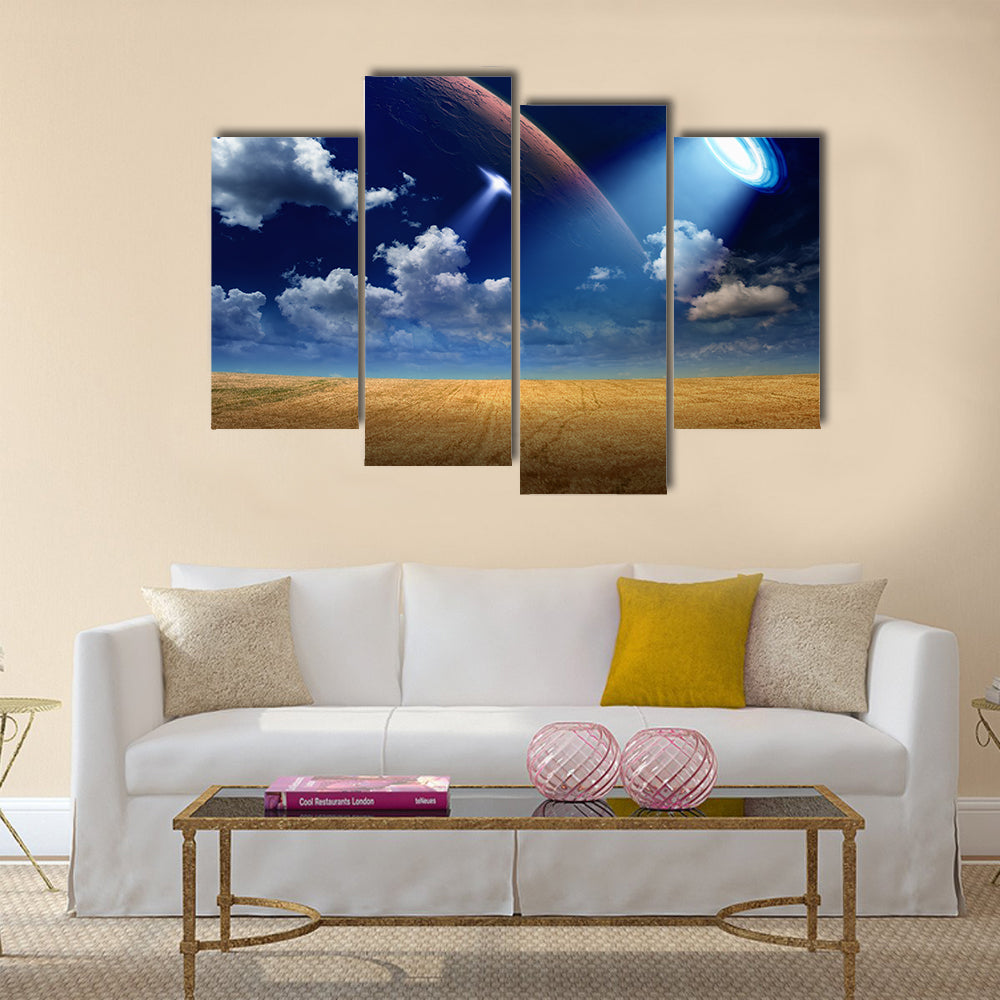 Sci-fi Background UFO is Invading A Beautiful Wheat Field Multi Panel Canvas Wall Art