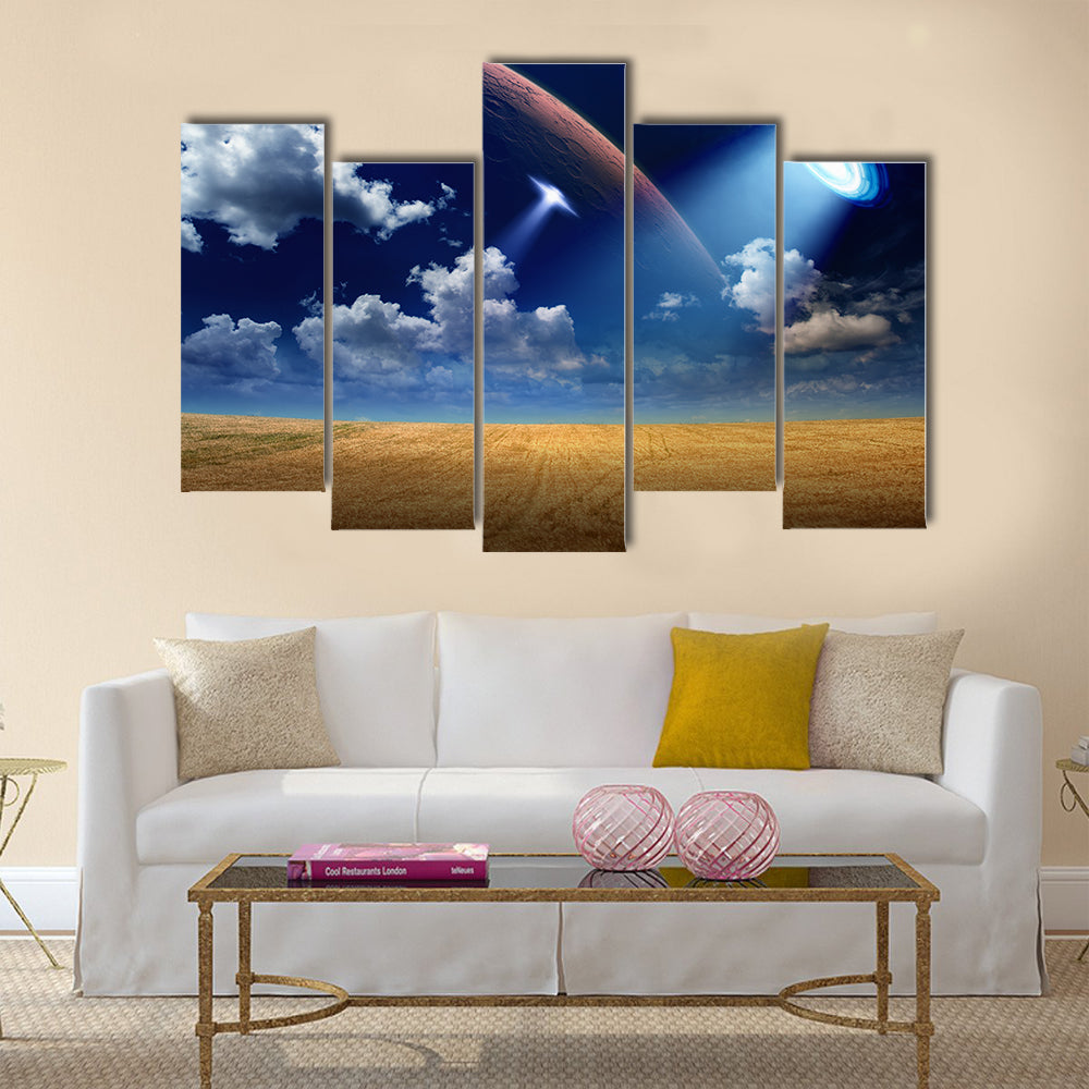 Sci-fi Background UFO is Invading A Beautiful Wheat Field Multi Panel Canvas Wall Art