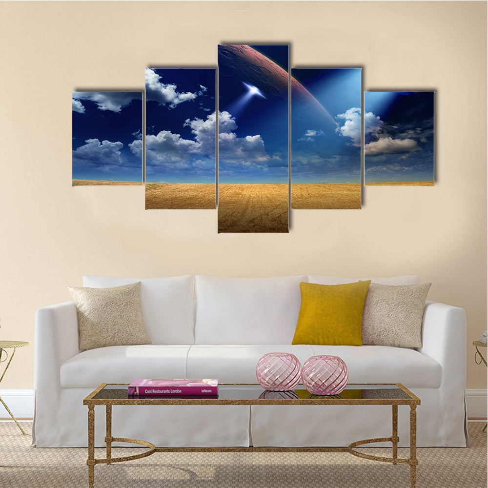 Sci-fi Background UFO is Invading A Beautiful Wheat Field Multi Panel Canvas Wall Art