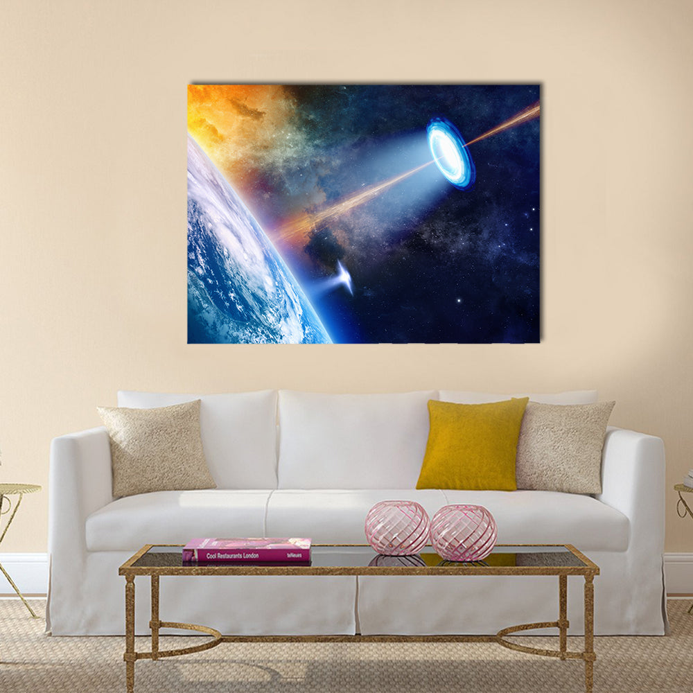 Mesmerizing Scenery Of UFO Shining Spotlight On Earth Multi Panel Canvas Wall Art