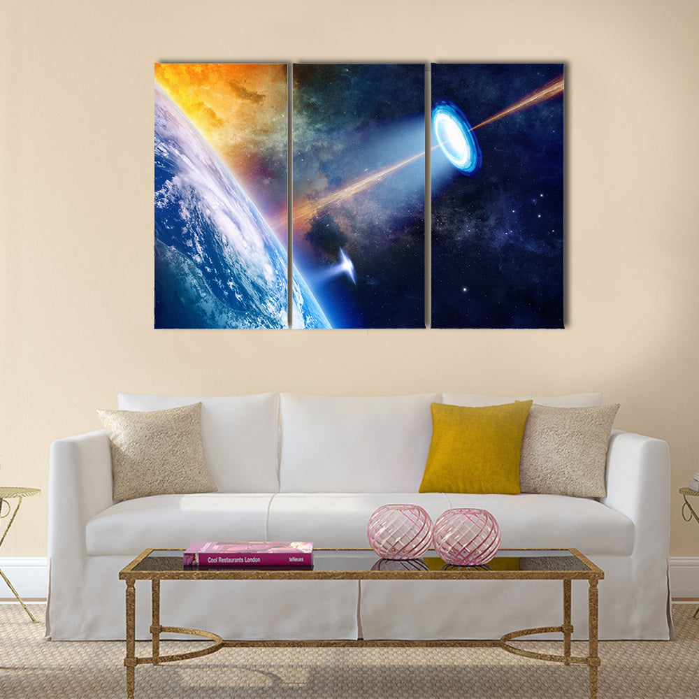 Mesmerizing Scenery Of UFO Shining Spotlight On Earth Multi Panel Canvas Wall Art