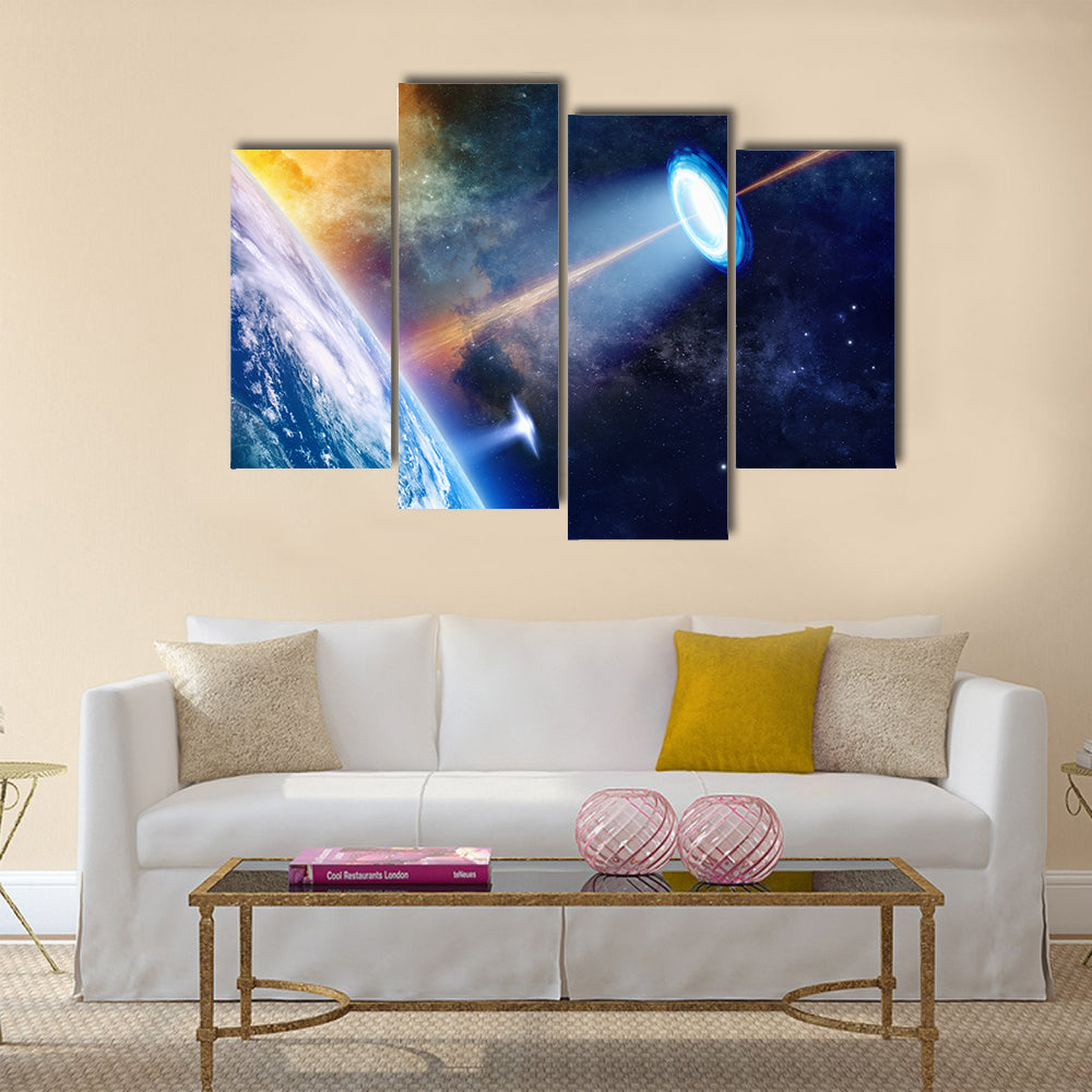 Mesmerizing Scenery Of UFO Shining Spotlight On Earth Multi Panel Canvas Wall Art