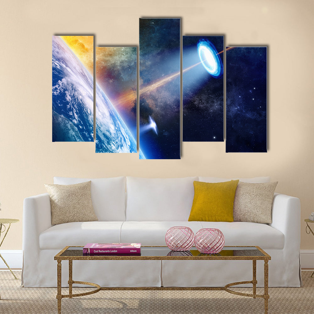 Mesmerizing Scenery Of UFO Shining Spotlight On Earth Multi Panel Canvas Wall Art
