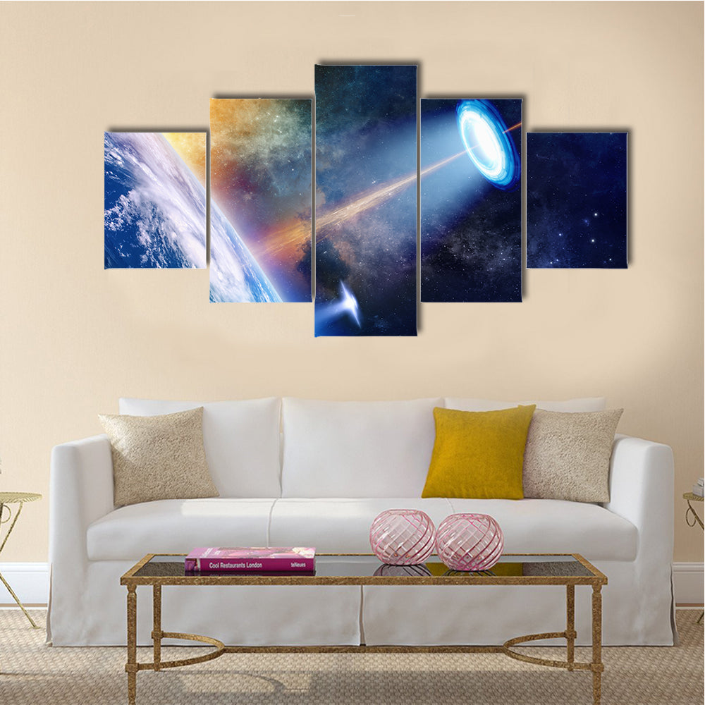 Mesmerizing Scenery Of UFO Shining Spotlight On Earth Multi Panel Canvas Wall Art