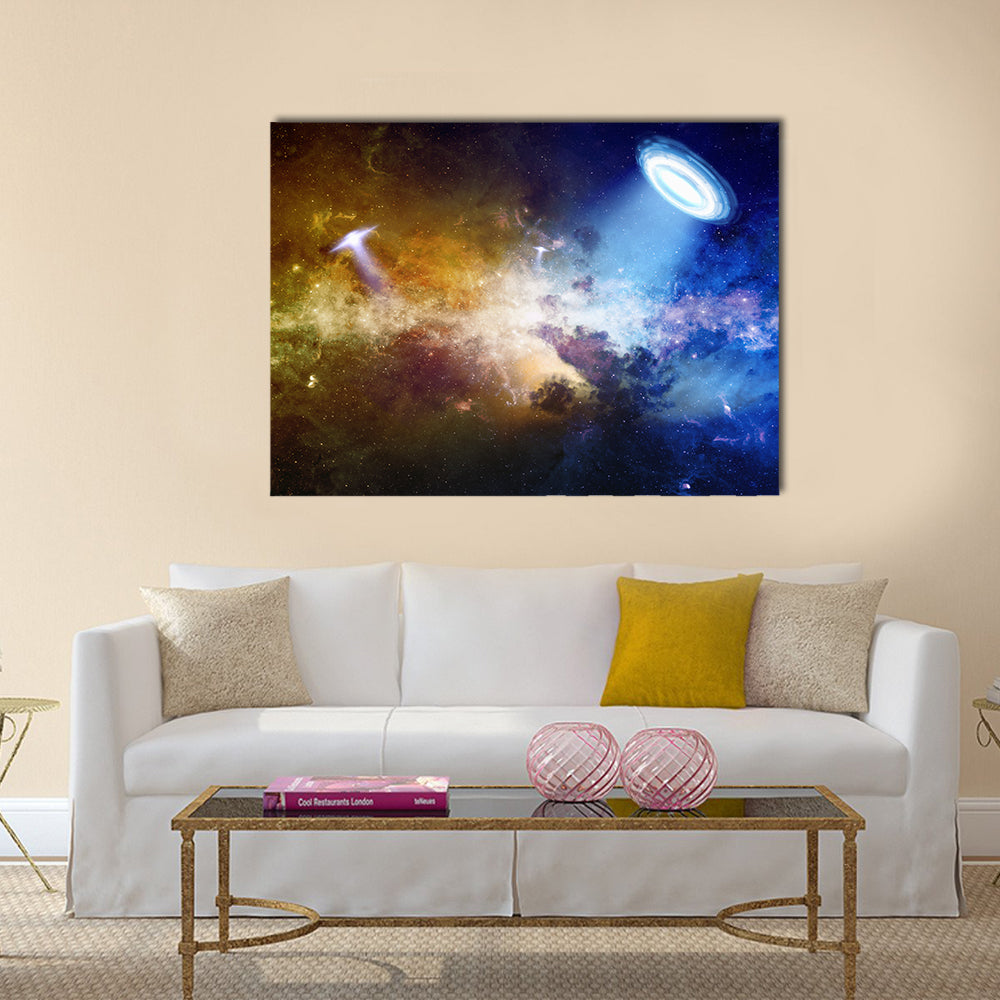 Abstract Scientific Scenery Of UFO In Deep Space Multi Panel Canvas Wall Art