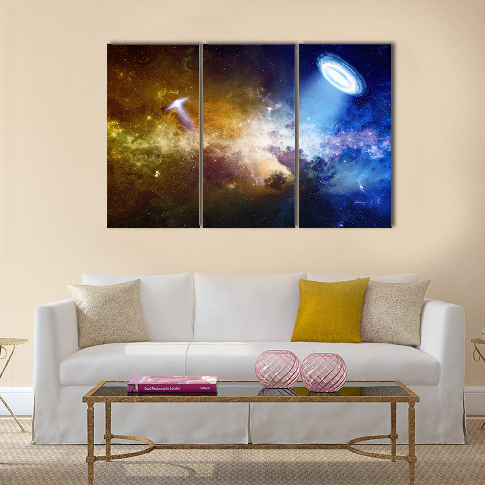 Abstract Scientific Scenery Of UFO In Deep Space Multi Panel Canvas Wall Art