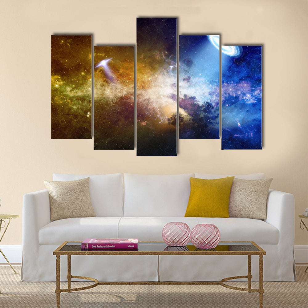 Abstract Scientific Scenery Of UFO In Deep Space Multi Panel Canvas Wall Art