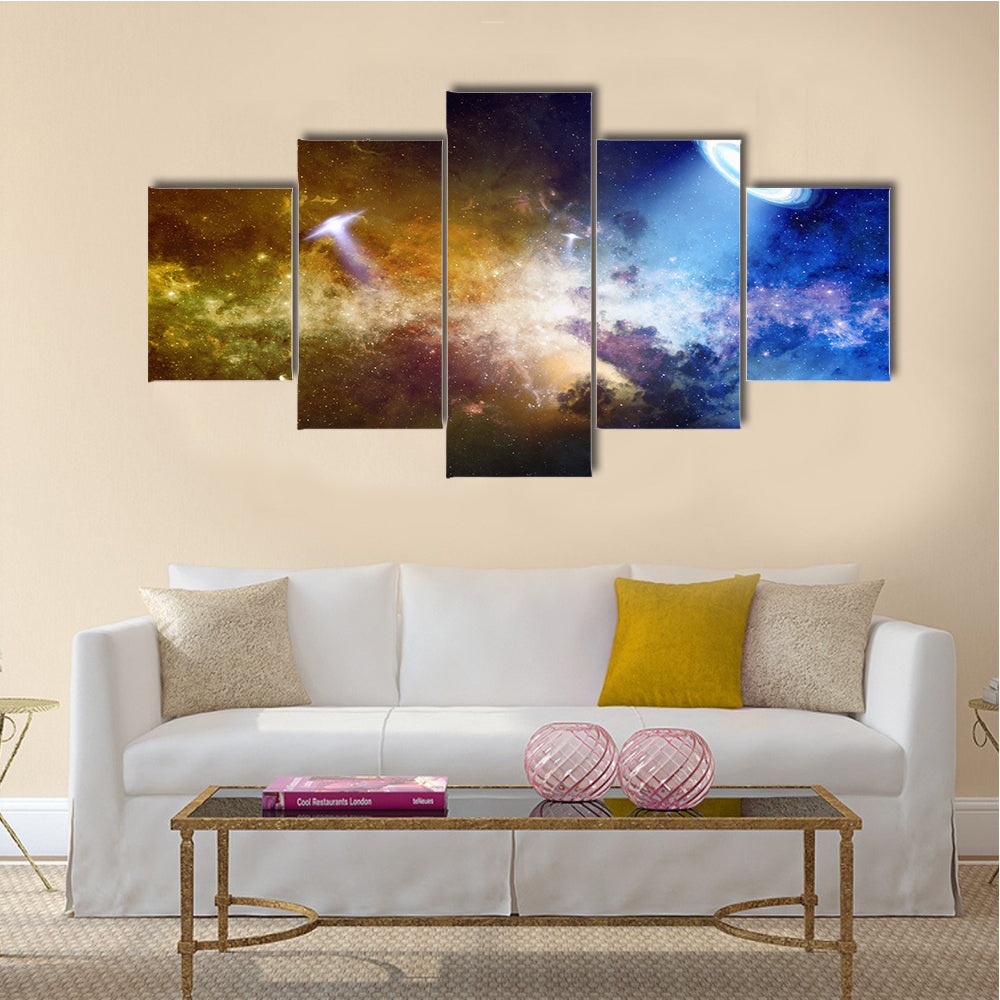 Abstract Scientific Scenery Of UFO In Deep Space Multi Panel Canvas Wall Art