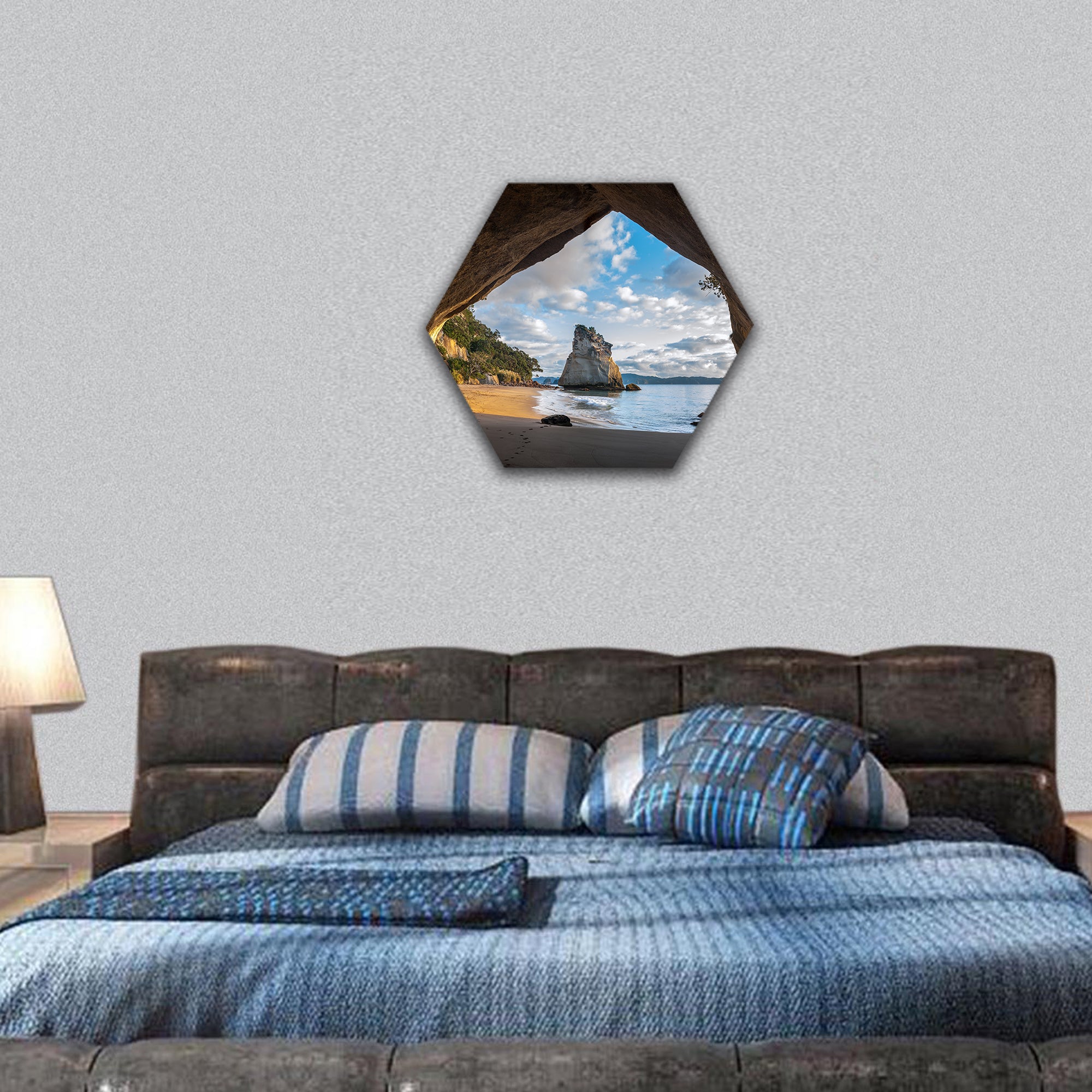 Cathedral Cove at sunrise, The Coromandel peninsula, hexagonal canvas wall art
