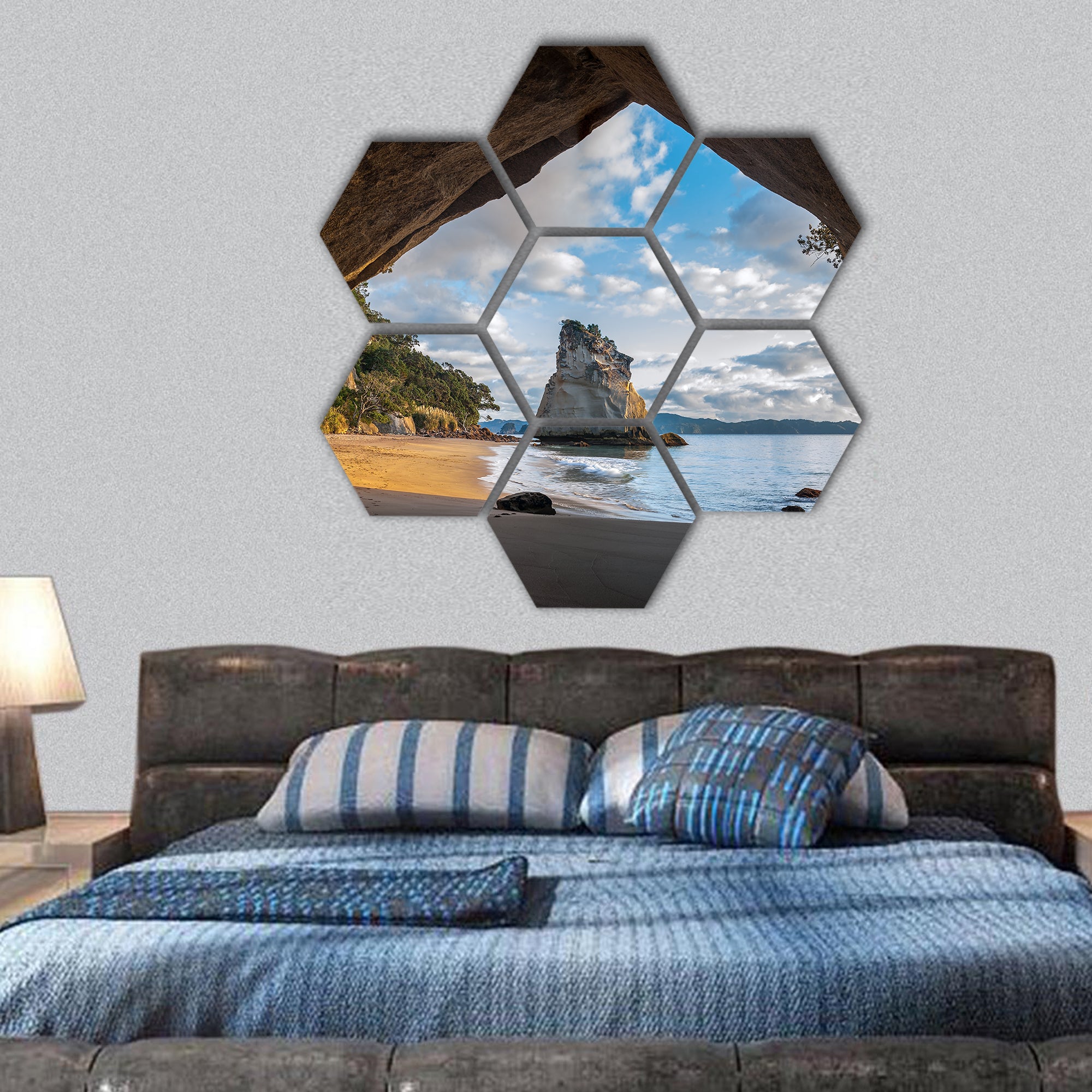 Cathedral Cove at sunrise, The Coromandel peninsula, hexagonal canvas wall art