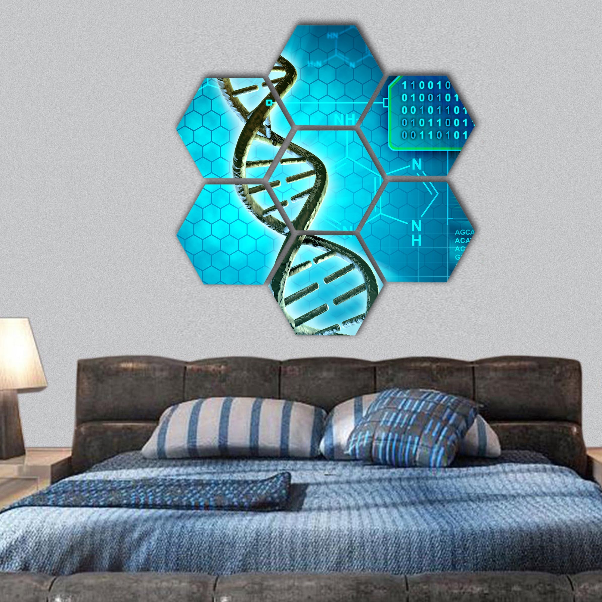 DNA structure converted into binary code hexagonal canvas wall art