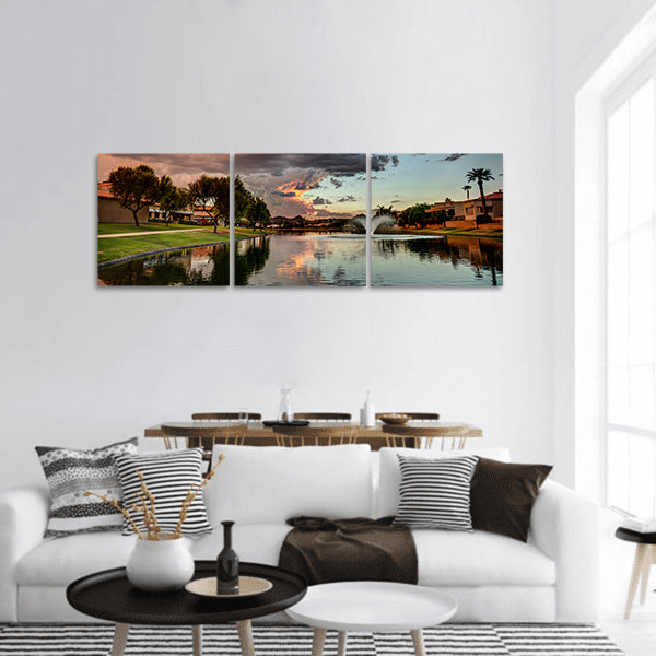 Marguerite Lake greenbelt in Scottsdale Arizona at sunset Panoramic Canvas Wall Art