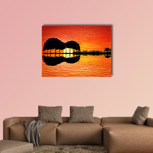 Trees arranged in a shape of a guitar on a sunset background wall art