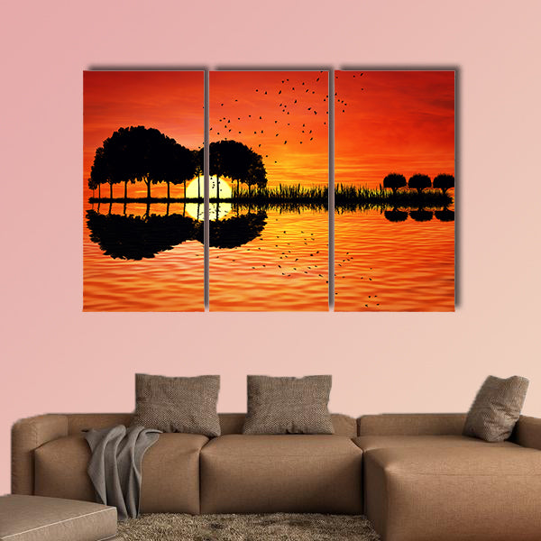 Trees arranged in a shape of a guitar on a sunset background wall art