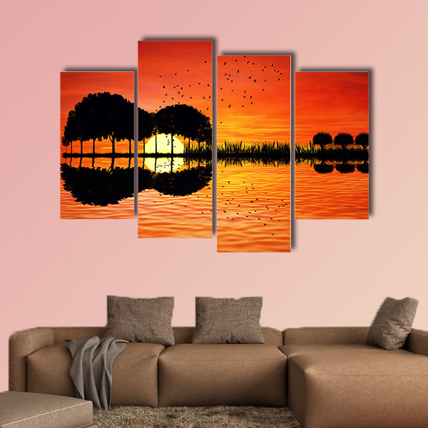 Trees arranged in a shape of a guitar on a sunset background wall art