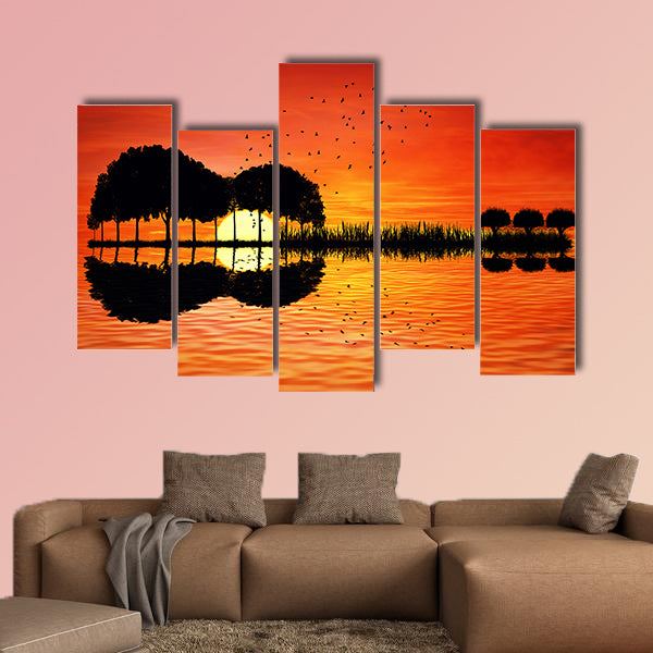 Trees arranged in a shape of a guitar on a sunset background wall art