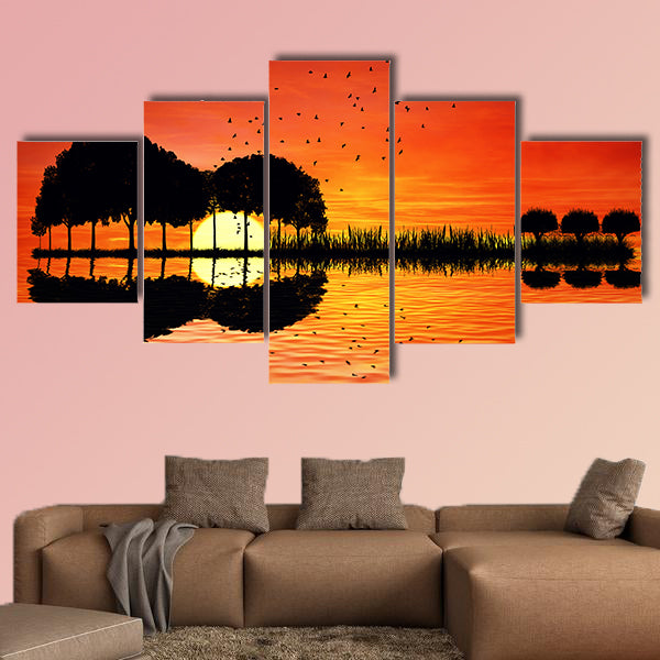 Trees arranged in a shape of a guitar on a sunset background wall art