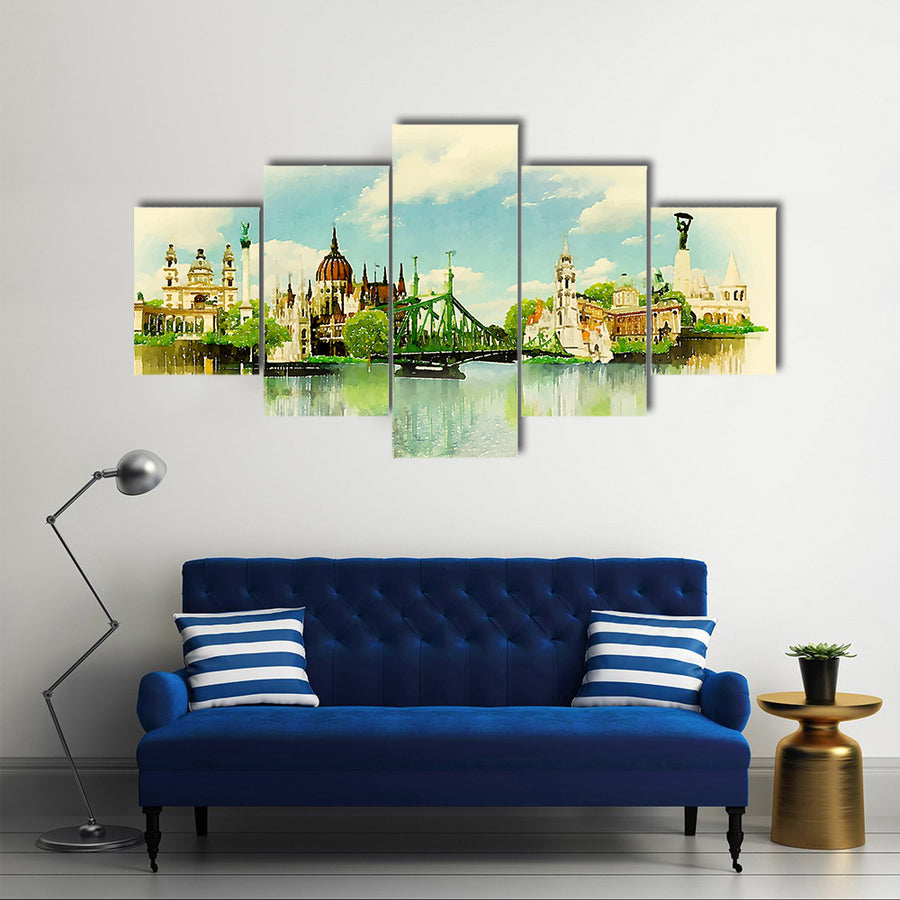 Watercolor Illustration BUDAPEST View Multi Panel Canvas Wall Art