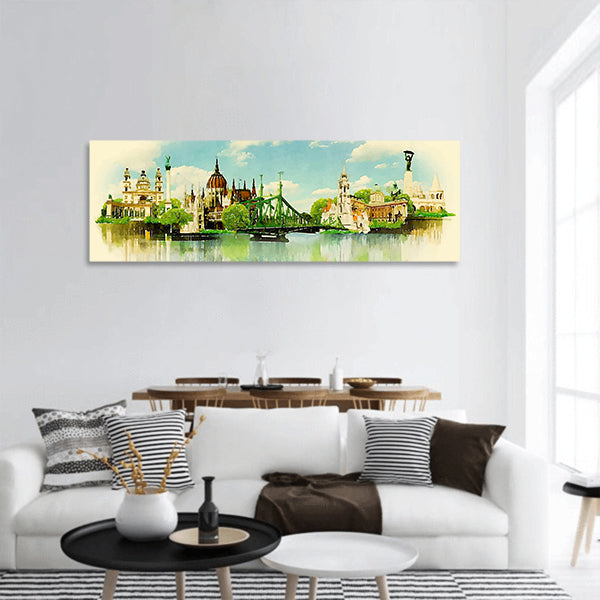 watercolor illustration BUDAPEST view Panoramic Canvas Wall Art