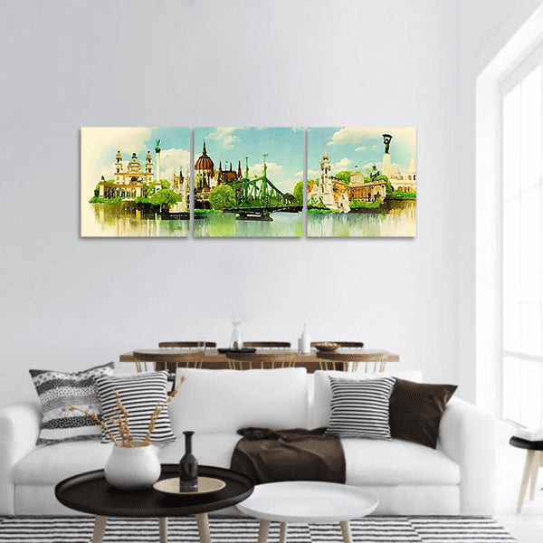 watercolor illustration BUDAPEST view Panoramic Canvas Wall Art