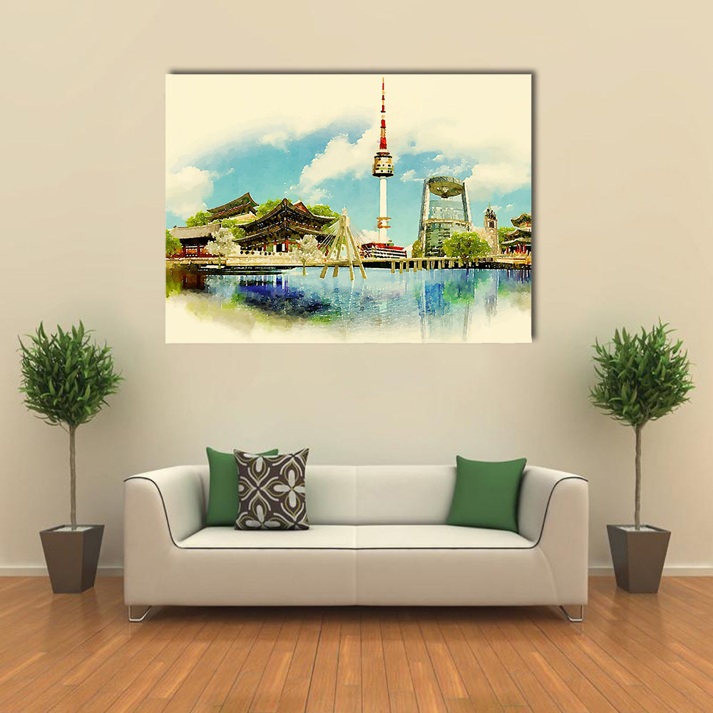 Vector watercolor SEOUL city illustration Multi panel canvas wall art
