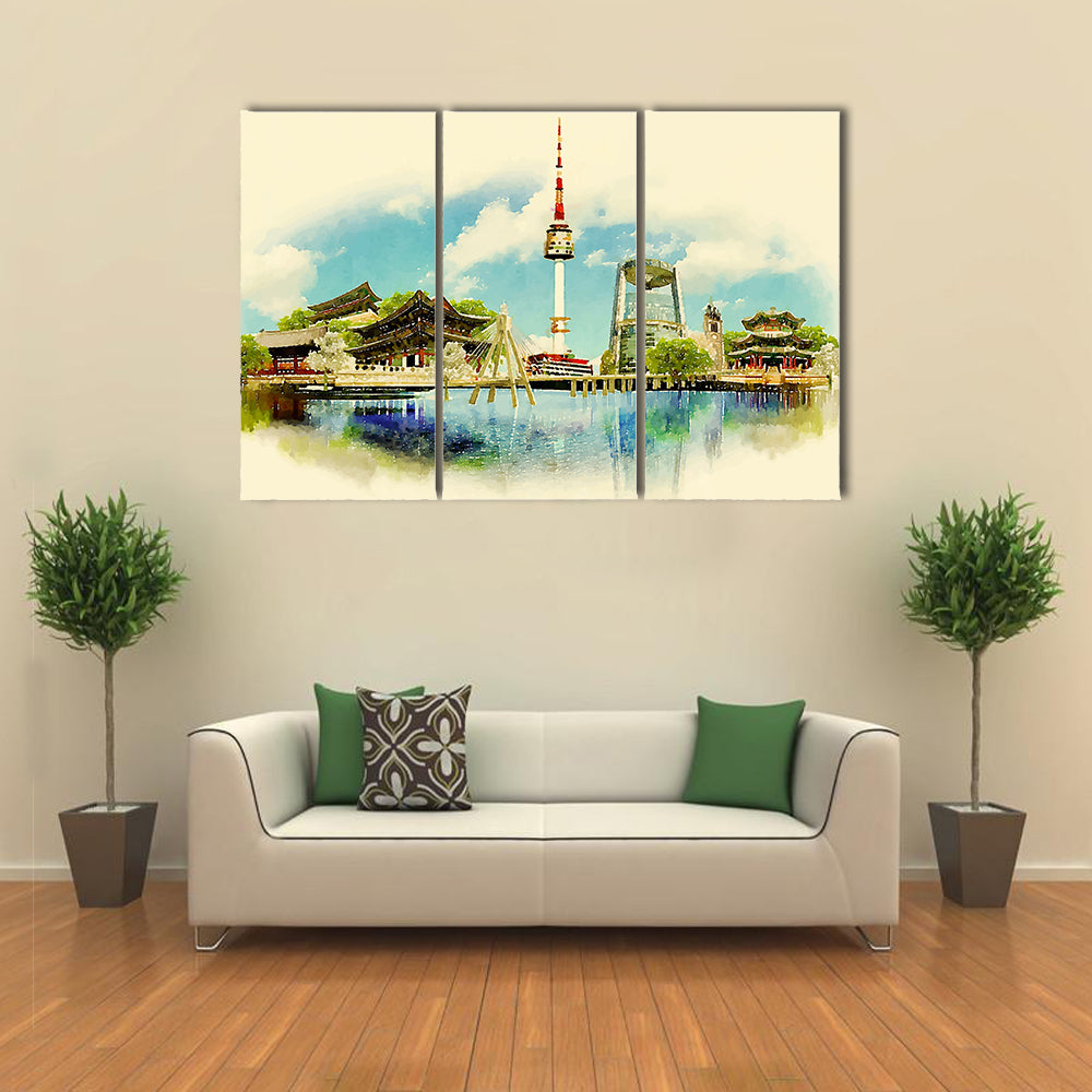 Vector watercolor SEOUL city illustration Multi panel canvas wall art