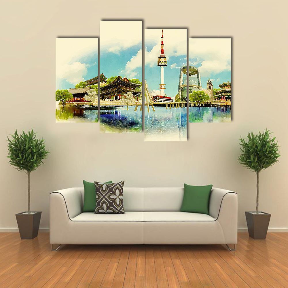 Vector watercolor SEOUL city illustration Multi panel canvas wall art