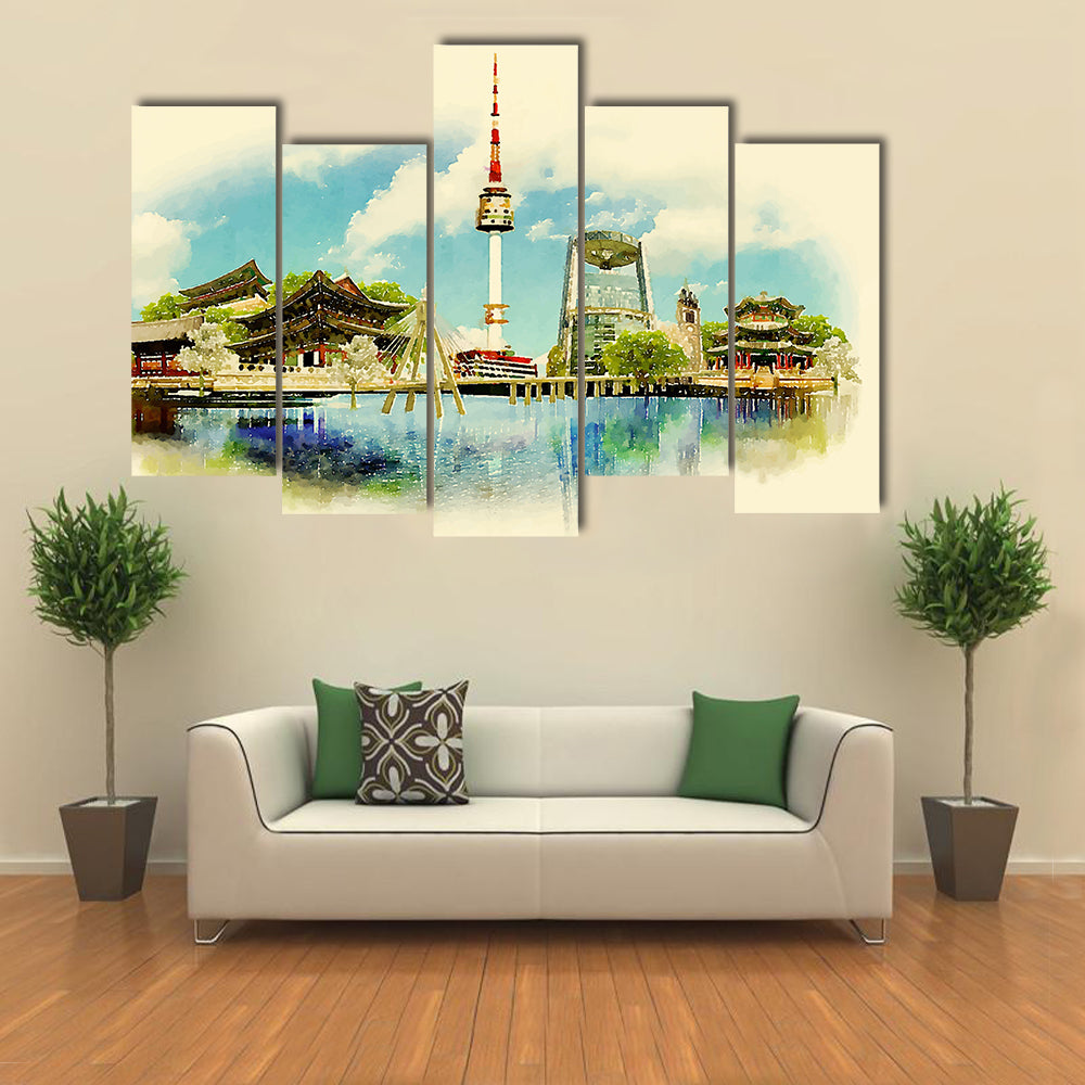 Vector watercolor SEOUL city illustration Multi panel canvas wall art