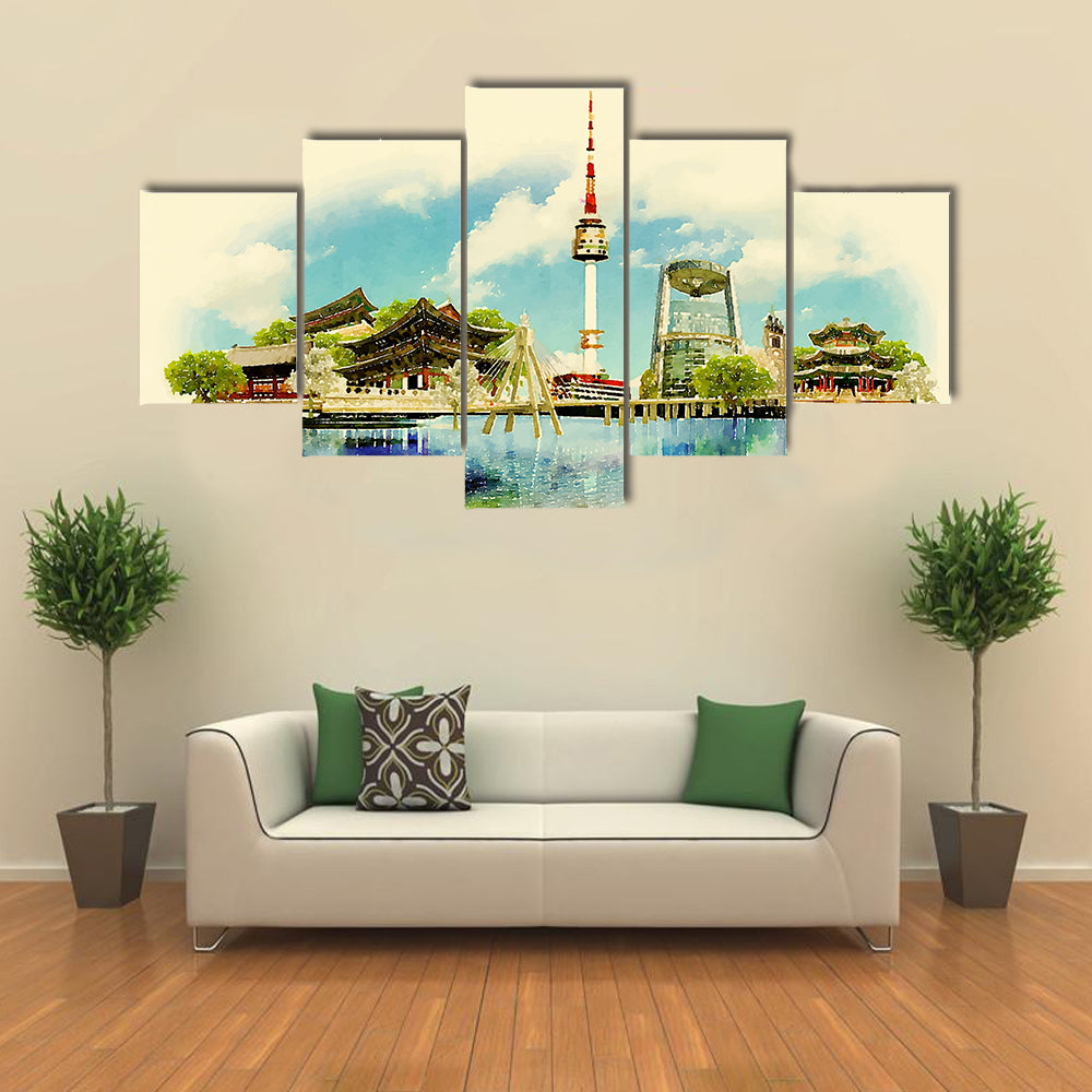 Vector watercolor SEOUL city illustration Multi panel canvas wall art