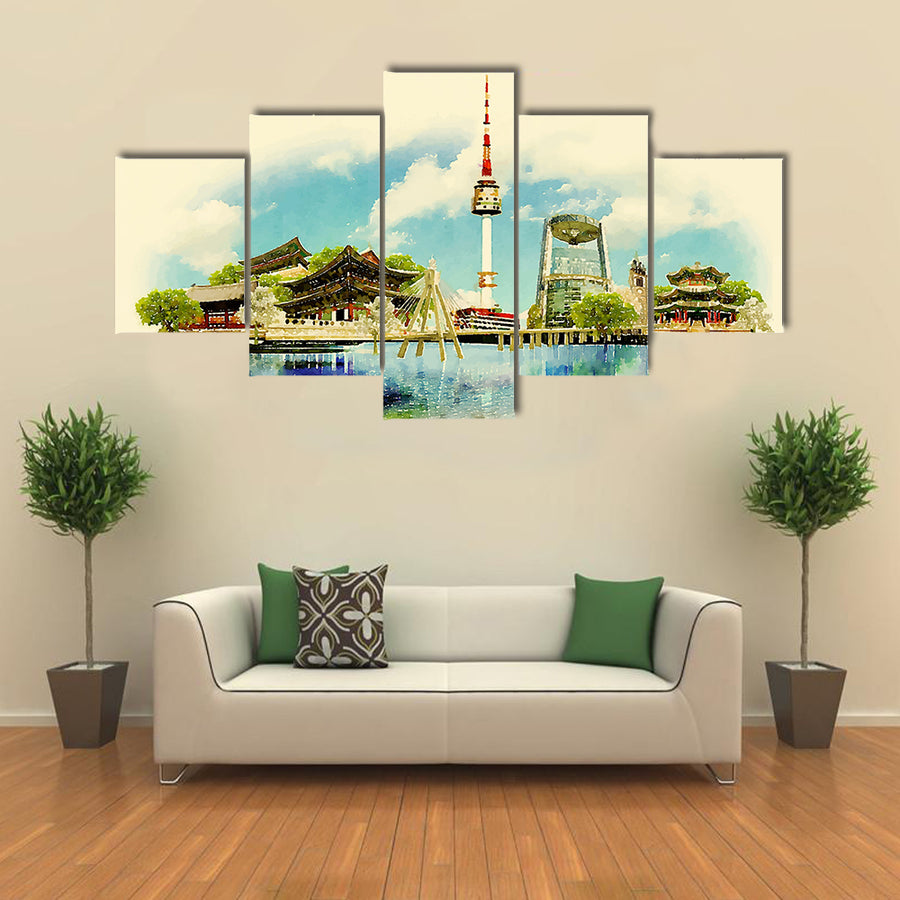 Vector watercolor SEOUL city illustration Multi panel canvas wall art