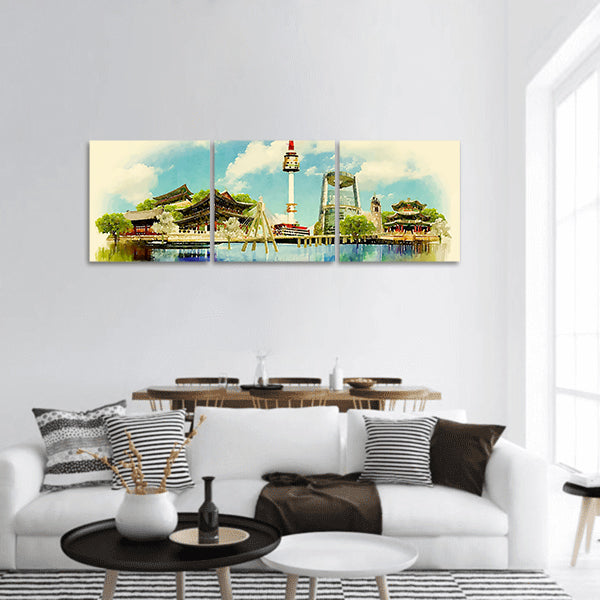 vector watercolor SEOUL city illustration Panoramic Canvas Wall Art