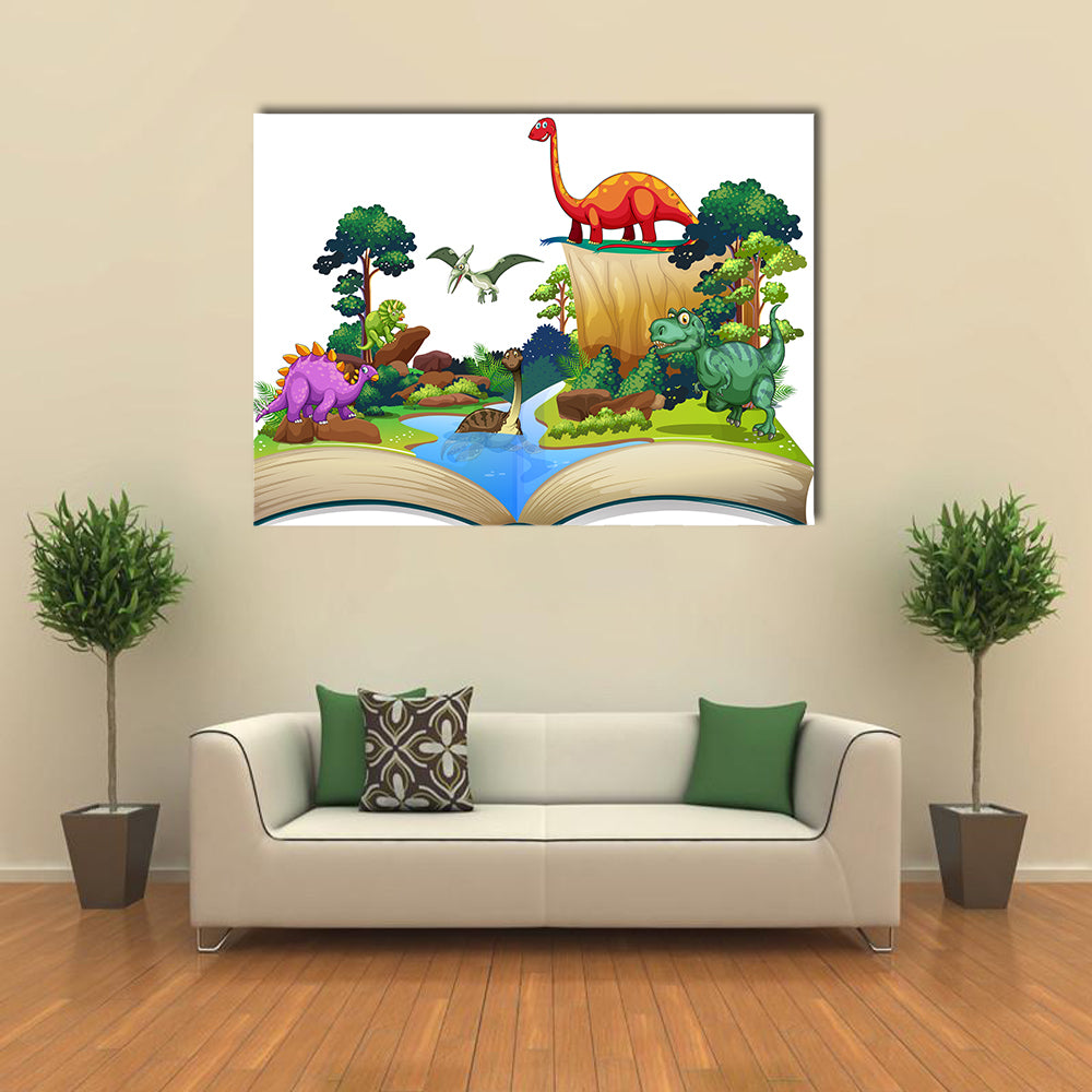 Book Of Dinosaurs In The Forest Illustration Multi Panel Canvas Wall Art