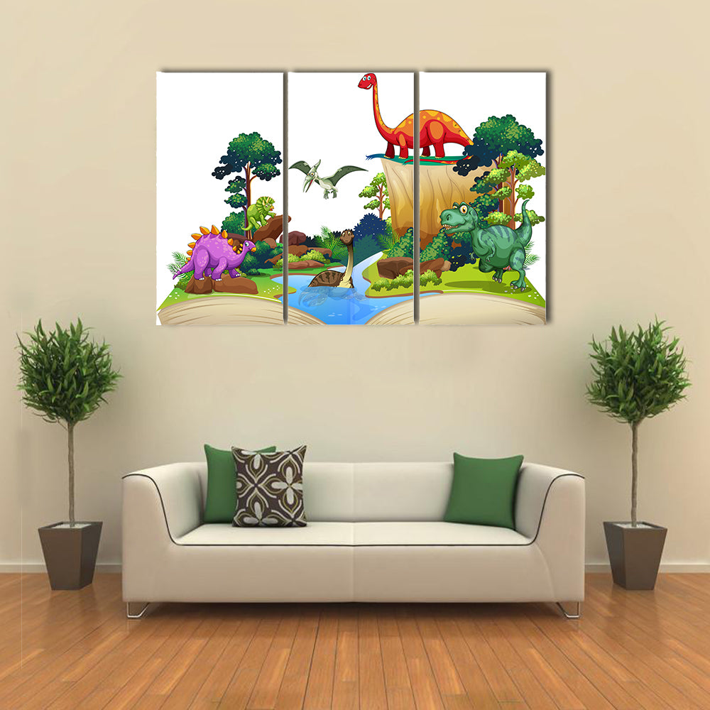 Book Of Dinosaurs In The Forest Illustration Multi Panel Canvas Wall Art