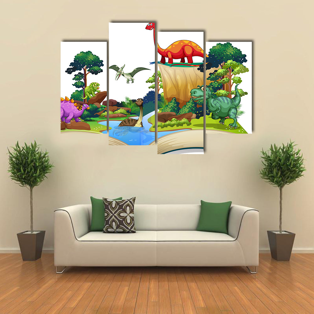 Book Of Dinosaurs In The Forest Illustration Multi Panel Canvas Wall Art
