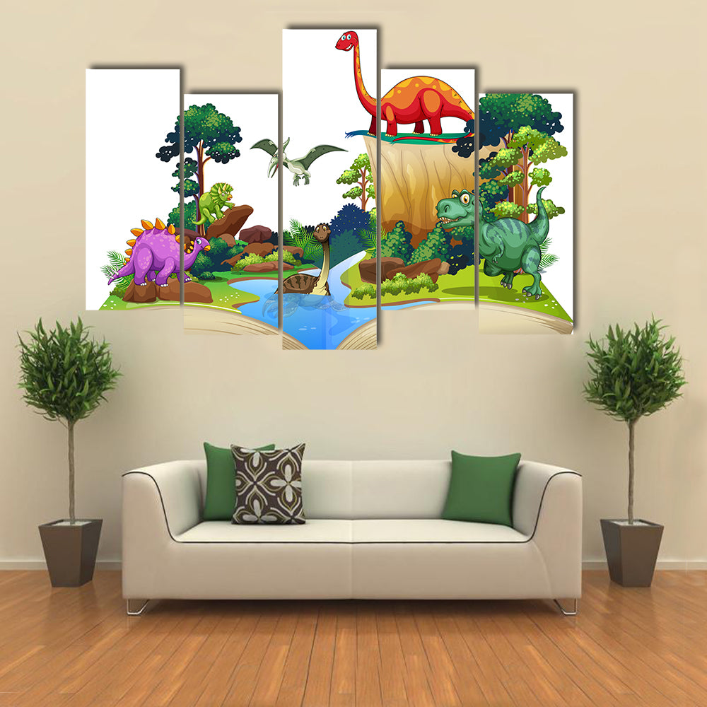 Book Of Dinosaurs In The Forest Illustration Multi Panel Canvas Wall Art