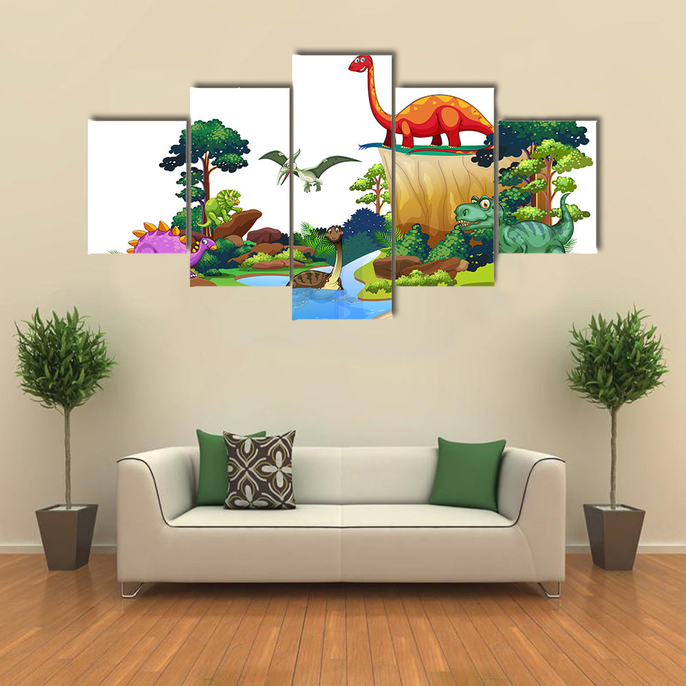 Book Of Dinosaurs In The Forest Illustration Multi Panel Canvas Wall Art