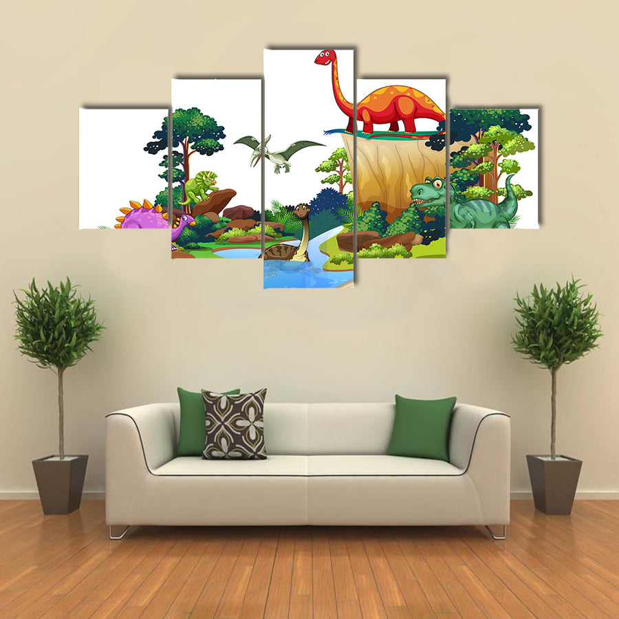 Book Of Dinosaurs In The Forest Illustration Multi Panel Canvas Wall Art