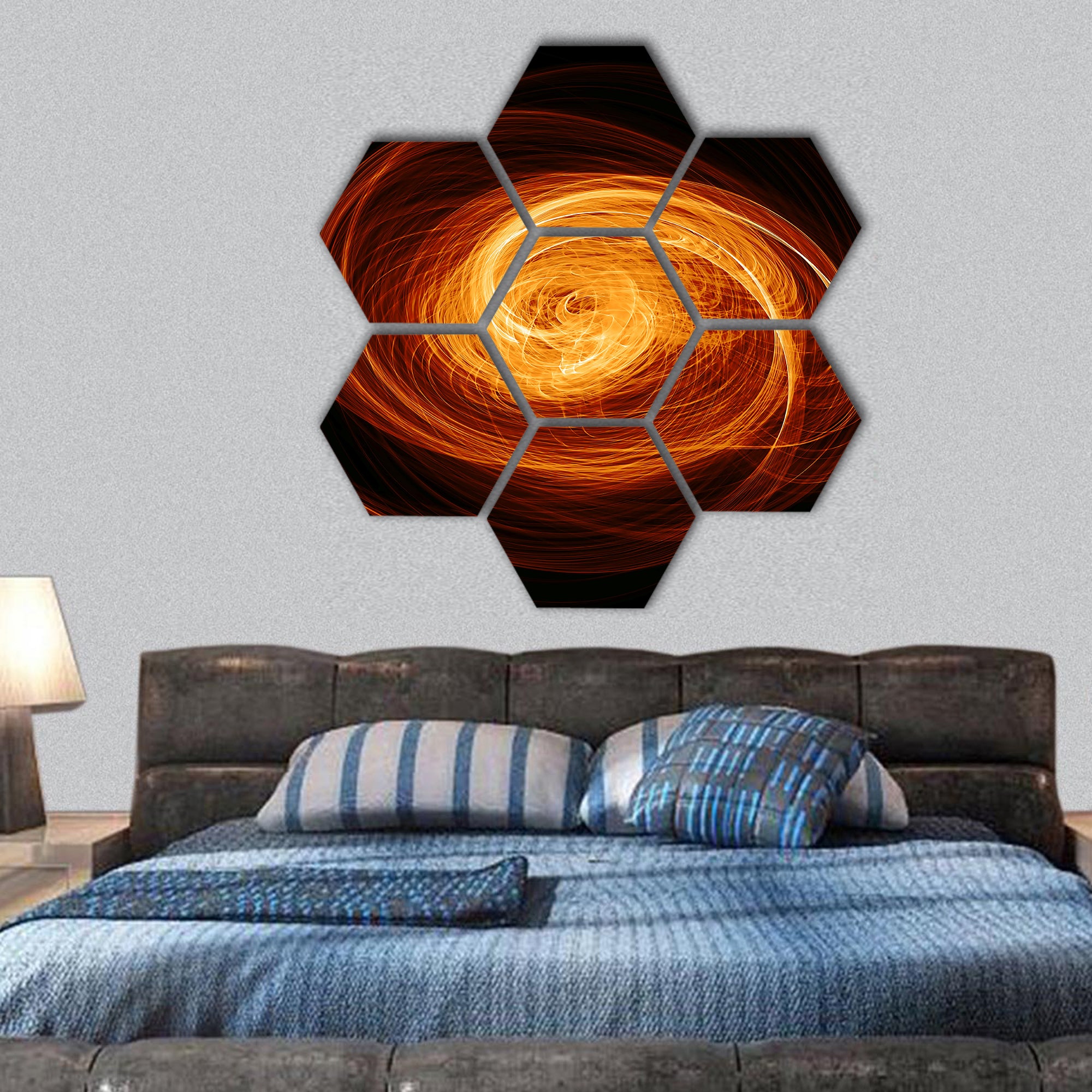 abstract flaming twisted quasar black hole hexagonal canvas wall art