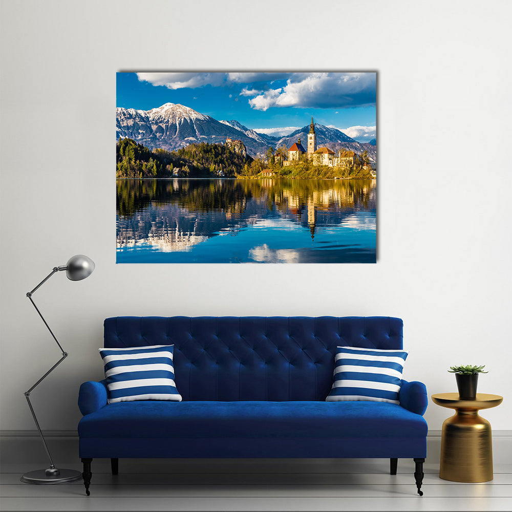 Amazing View on Bled Lake Island Church and Castle with Mountain Range in the Background-Bled Multi panel canvas wall art