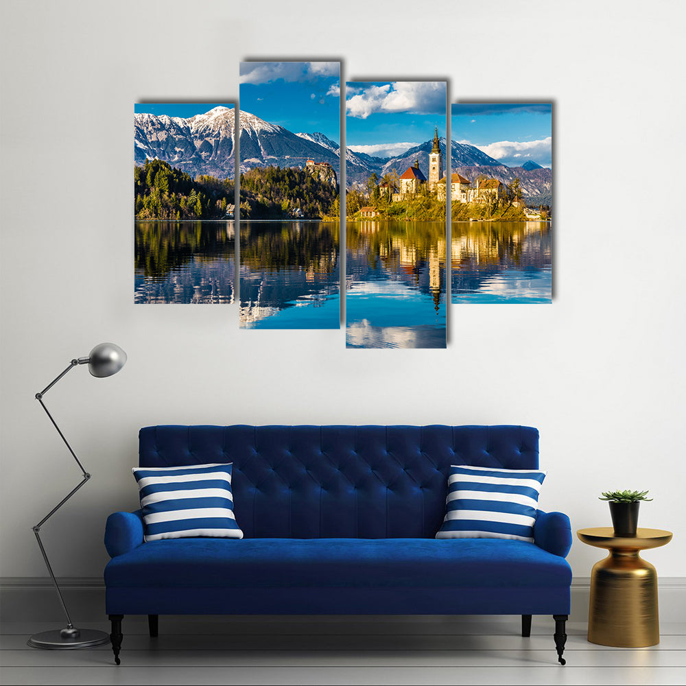 Amazing View on Bled Lake Island Church and Castle with Mountain Range in the Background-Bled Multi panel canvas wall art
