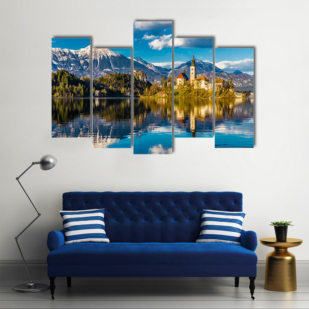 Amazing View on Bled Lake Island Church and Castle with Mountain Range in the Background-Bled Multi panel canvas wall art