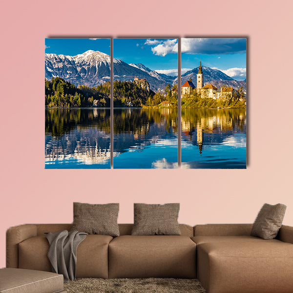 Amazing View on Bled Lake, Island, Church and Castle multi panel canvas wall art