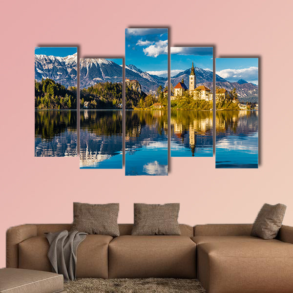 Amazing View on Bled Lake, Island, Church and Castle multi panel canvas wall art